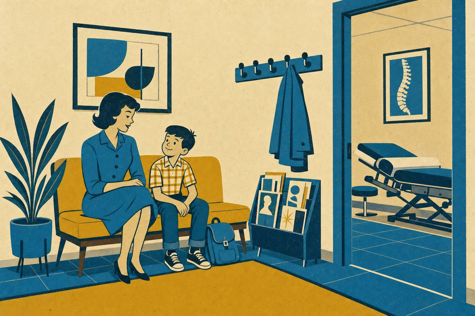 Illustration of a parent and child in the waiting corner of the Cedarhurst chiropractic office