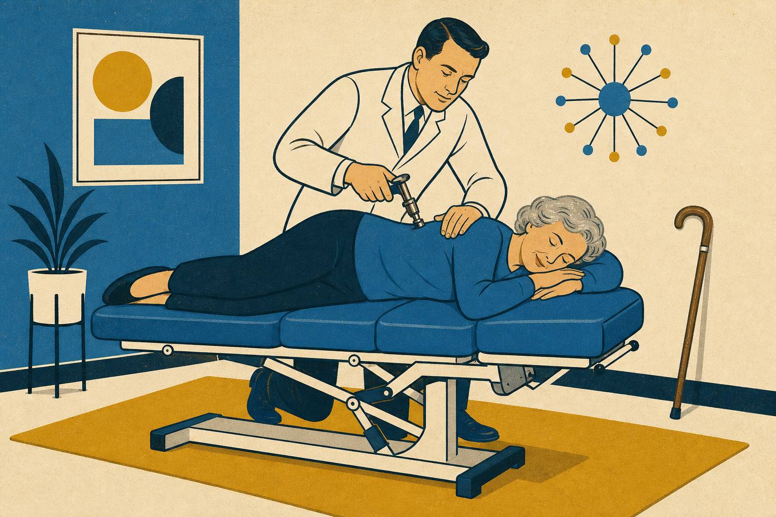 Illustration of gentle drop-table chiropractic care for an older patient