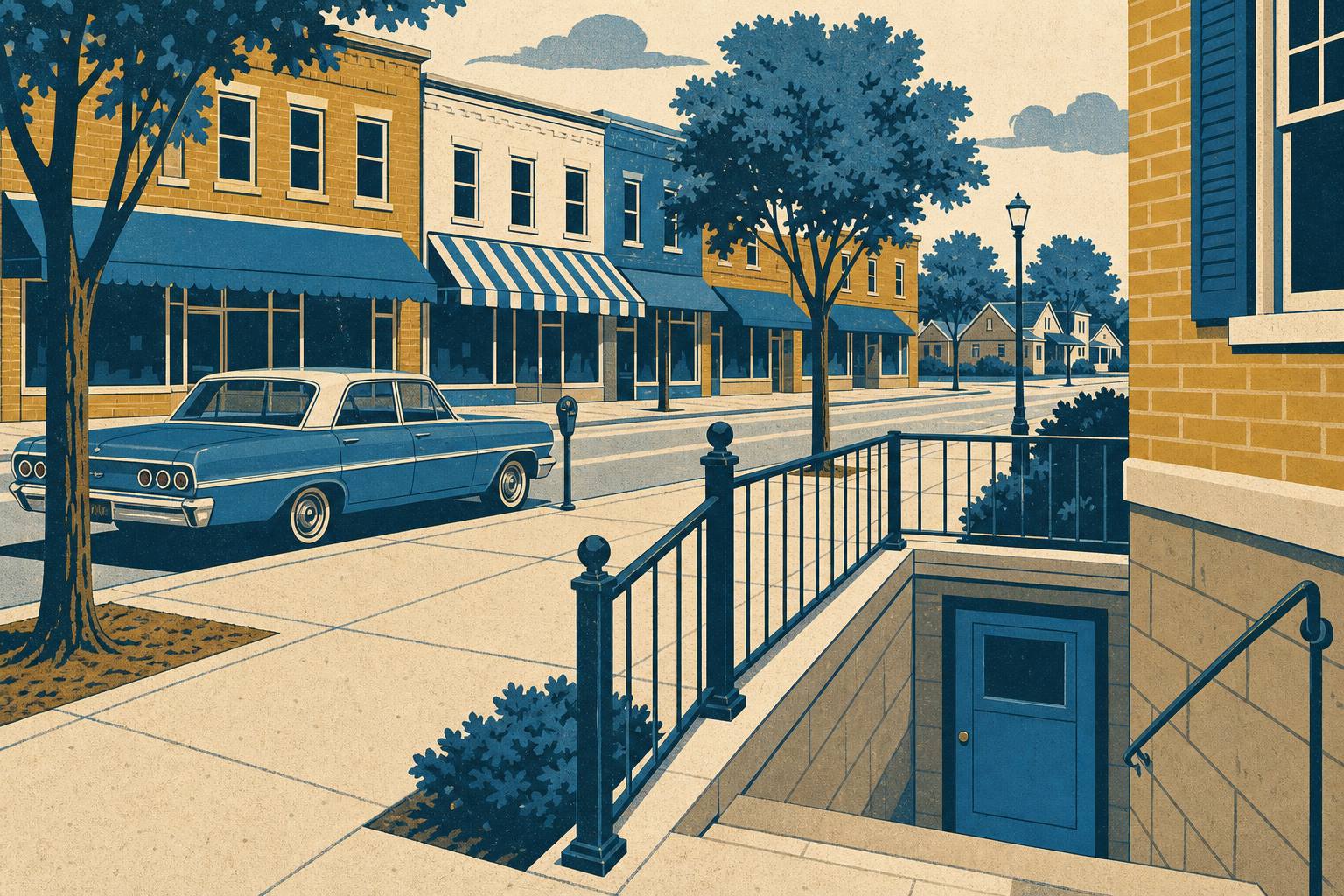 Illustration of the Central Avenue storefront row in Cedarhurst with the stair down to the lower level