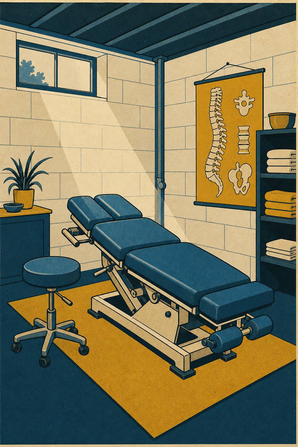 Illustration of the Haas Chiropractic adjusting room on the lower level of Central Avenue